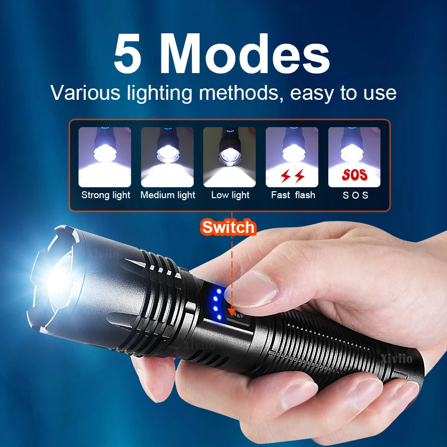 Super Bright Rechargeable LED Flashlight – 5000M Range, IPX6 Waterproof